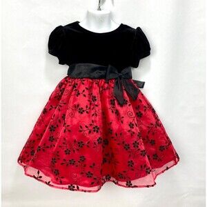 Rare Editions Girls Dress 3T Red Flocked Skirt Black Velvet Top Crinoline Bow